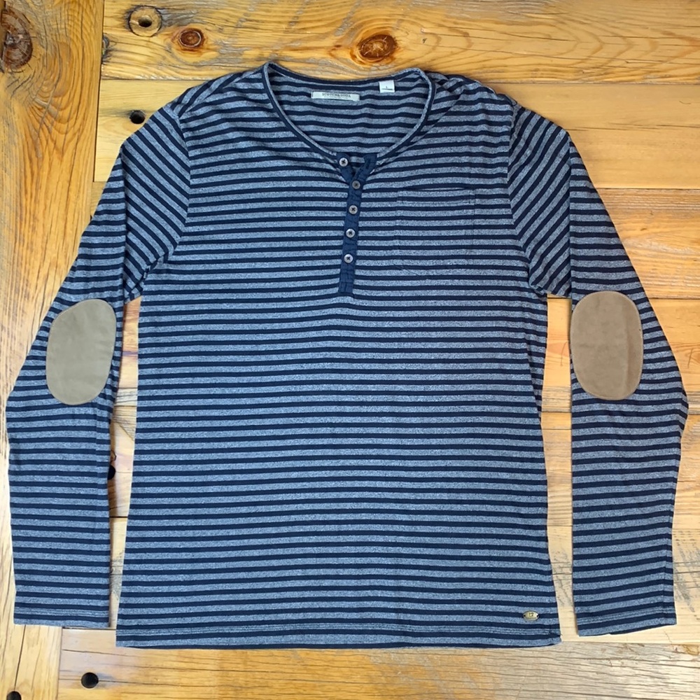 Scotch & Soda Henley Long Sleeve T-Shirt Elbow Patch Black/Gray Stripe
